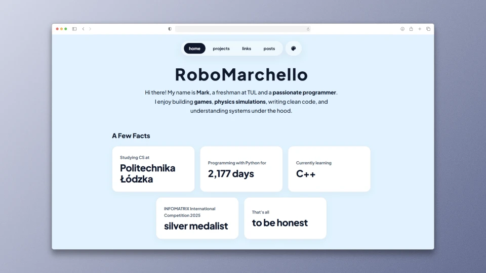 Screenshot of the "RoboMarchello" personal portfolio homepage, featuring a short intro by Mark.